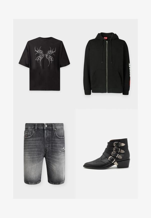 Μαύρο hoodie με φερμουάρ και μπροστινές τσέπες, κορδόνια στην κουκούλα και λευκό λογότυπο "DIESEL" στο αριστερό μανίκι, καθώς και κόκκινη ετικέτα μέσα στον γιακά.; Μαύρο κοντομάνικο μπλουζάκι με γκρι συμμετρικό αφηρημένο φυλετικό σχέδιο στο κέντρο του στήθους που σχηματίζει καρδιά στη μέση.; Ξεθωριασμένο μαύρο τζιν σορτς με εμπρόσθιες τσέπες, θηλιές για ζώνη, κούμπωμα με κουμπί και μικρή φθαρμένη λεπτομέρεια στο δεξί μηρό.; Μαύρη δερμάτινη μποτάκι έως τον αστράγαλο με τέσσερις διακοσμητικές ασημένιες πόρπες, μυτερή μύτη και τακούνι με σκαλιστές λεπτομέρειες στον γρίφο.