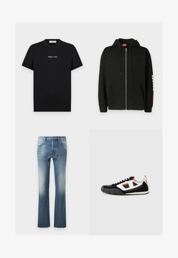 Haut à capuche noir zippé avec poches avant, cordons de serrage sur la capuche, et logo "DIESEL" blanc sur la manche gauche, avec une étiquette rouge à l'intérieur du col.; T-shirt en coton noir à manches courtes et col rond, arborant un logo blanc "REPLAY" centré sur la poitrine.; Jean en denim bleu clair à pattes d'éléphant avec un design à cinq poches, un léger délavage au niveau des cuisses et une taille standard avec passants de ceinture.; Diesel S PAGODHA LOW - Baskets basses - black