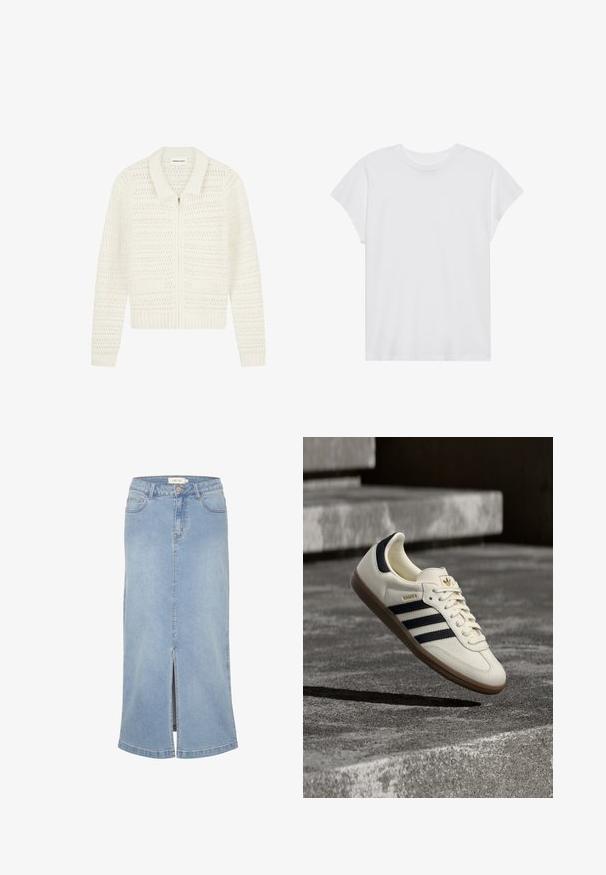 Witte gebreide vest met ritssluiting, geribde kraag, manchetten en zoom, voorzien van een gestructureerd opengebreid patroon en twee voorzakken.; Witte t-shirt met korte mouwen, ronde hals, relaxte pasvorm, gemaakt van zacht katoen. Glad textuur, geen patronen of logo's.; Lichtblauwe denim midi rok met een voorknipsel, rechte snit, klassiek vijf-pocket ontwerp en een vervaagde afwerking. Met een wit merkembleem.; Witte Adidas Samba sneaker met zwarte strepen en gumzool, zwevend boven gestructureerde grijze betonnen treden.