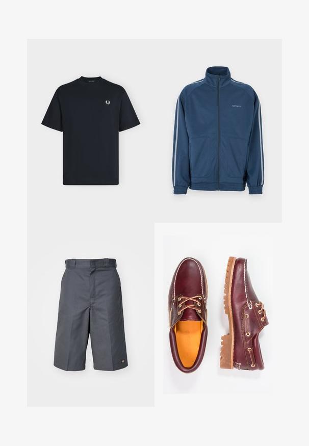Veste zippée bleu foncé avec un col haut. Elle comporte des rayures gris clair le long des manches, deux poches avant et des poignets élastiqués.; T-shirt noir à manches courtes et col rond avec petit logo de couronne de laurier blanche sur le côté gauche de la poitrine, présenté sur un fond clair uni.; Shorts gris en tissu durable, dotés d'une coupe droite, de deux poches latérales et d'un petit logo sur la poche arrière.; Chaussures en cuir bourgogne avec semelles en caoutchouc marron, bout rond, couture blanche et œillets dorés. L'intérieur présente une doublure jaune.