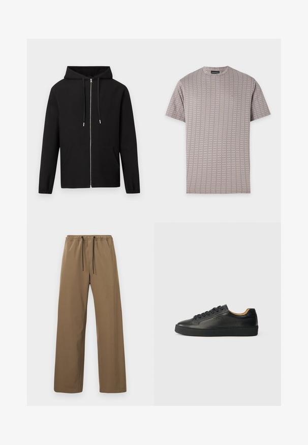 Sweat à capuche noir zippé avec poches avant, capuche à cordon et poignets élastiques, présenté sur un fond clair uni.; T-shirt beige à manches courtes avec un motif à carreaux subtil et un petit logo brodé sur le côté gauche de la poitrine.; Pantalon marron à coupe droite avec taille élastique et cordons noirs, présenté sur un fond clair uni.; Baskets basses en cuir noir avec surface texturée, lacets noirs et semelle en caoutchouc épaisse, présentées de côté sur un fond clair.