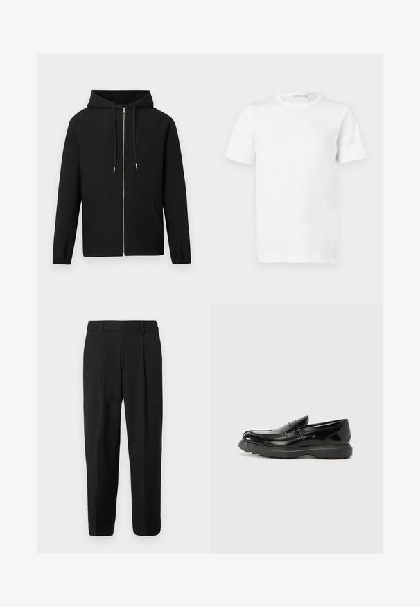 Sweat à capuche noir zippé avec poches avant, capuche à cordon et poignets élastiques, présenté sur un fond clair uni.; T-shirt blanc uni à manches courtes et col rond, avec une étiquette "Tiger of Sweden" à l'intérieur du col, présenté sur un fond blanc.; Pantalon noir à jambe droite, confectionné en tissu tissé, avec devant plat, passants pour ceinture et deux poches latérales.; Mocassin en cuir noir avec une finition brillante, bout arrondi, détails de couture subtils et semelle en caoutchouc épaisse pour la durabilité.