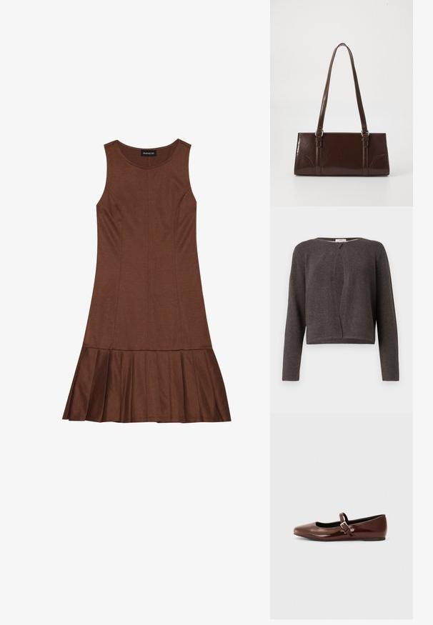 Mørkegrå strikket cardigan med lange ærmer, rund halsudskæring og en enkelt knaplukning foroven.; Brun ærmeløs kjole med tætsiddende top og flagrende, plisseret kant, lavet af et glat materiale med synlig sømsyning.; Brun patentlæder balletflade med firkantet tå og strop med en lille guldbuckle. Glat tekstur, lav hæl og minimalistisk design.; Brun lakeret håndtaske med rektangulær form, to lange håndtag og subtile buede detaljer på fronten.
