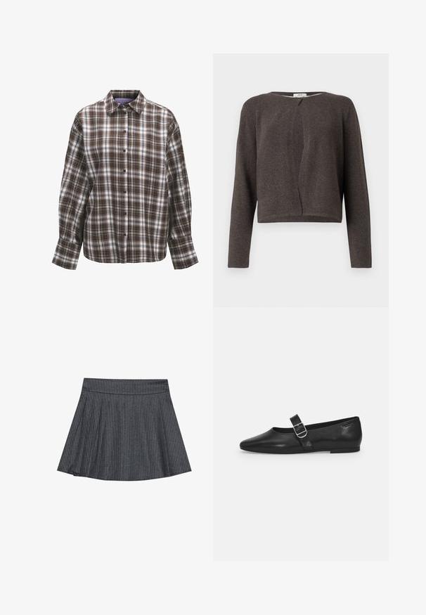Mørkegrå strikket cardigan med lange ærmer, rund halsudskæring og en enkelt knaplukning foroven.; Langærmet skjorte med knapper, brun, sort og hvid ternet mønster og klassisk krave på hvid baggrund.; Grå stribede skater nederdel med en tætsiddende talje, udformet i A-linje og en blød stofstruktur. Lodrette linjer øger den visuelle interesse.; Sorte læder flade sko med rund tå, et enkelt justerbart spænde og en glat, blank overflade. Minimalistisk design med en lav hæl.