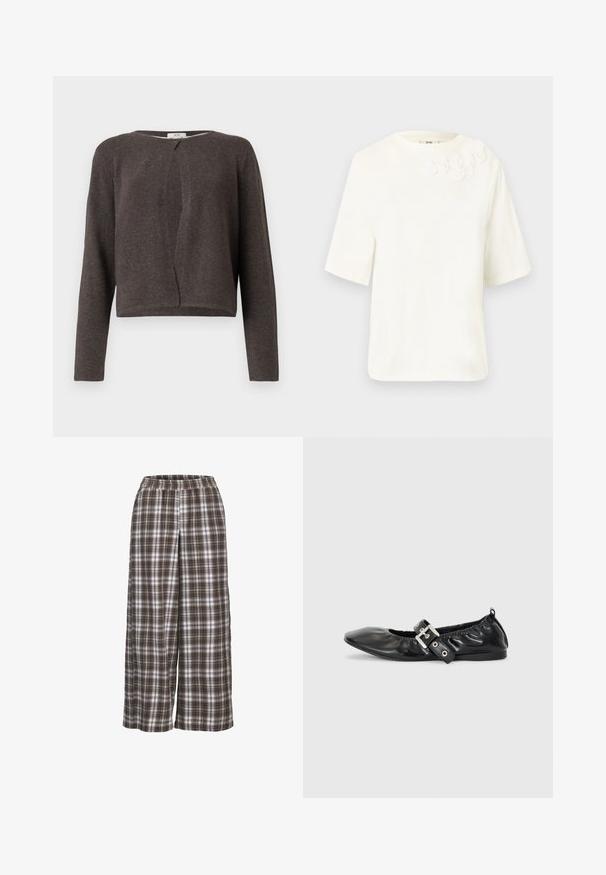 Mørkegrå strikket cardigan med lange ærmer, rund halsudskæring og en enkelt knaplukning foroven.; Hvid bluse med korte ærmer, rund halsudskæring og fem små stofblomster broderet nær venstre skulder.; Bredder bukser med ruder i brune, hvide og grå nuancer; elastisk talje; blødt stof; har et klassisk ternet mønster.; Sorte læder flade sko med spids tå, samling detaljer omkring åbningen, og en sølv spænde accent på den justerbare rem.