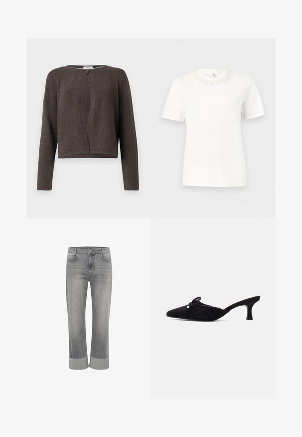 Mørkegrå strikket cardigan med lange ærmer, rund halsudskæring og en enkelt knaplukning foroven.; Hvid kortærmet top med rund halsudskæring og en kant med teksturerede perledetaljer.; Grå denim jeans med lige ben, med foldet kant. Klassisk fem-lommestil og lukning med knap foran.; Sort ruskind mule med spids tå, rynket overdel, dekorativ sløjfe og mellemhøj kittenhæl på en ensartet lys baggrund.