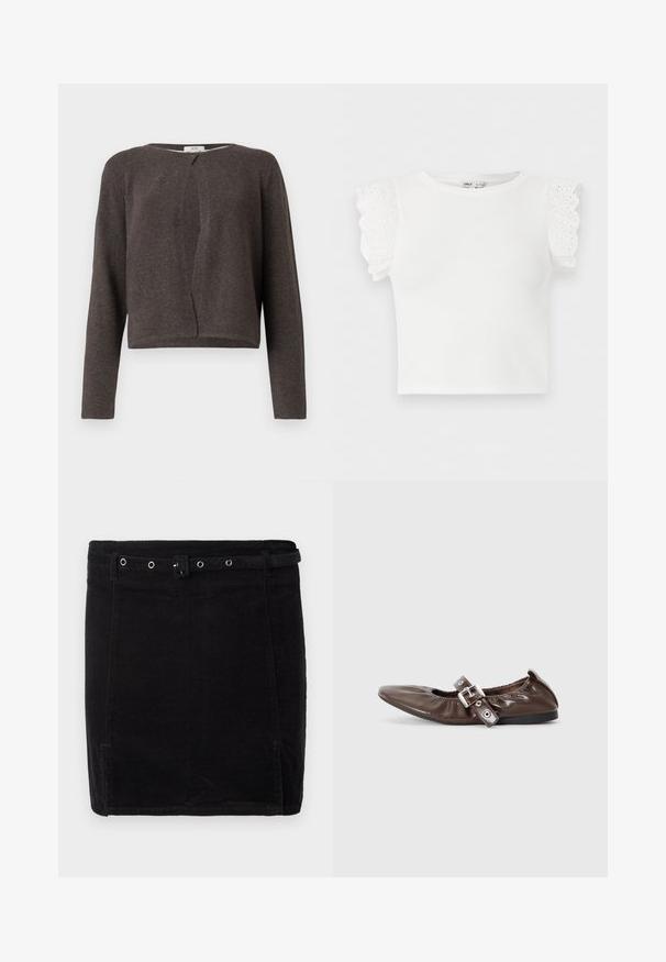 Mørkegrå strikket cardigan med lange ærmer, rund halsudskæring og en enkelt knaplukning foroven.; Hvid kortærmet strikket top med rund halsudskæring og flæset øjenskyggeblonde detaljer på ærmerne.; Sort fløjlsskjørt med en tætsiddende pasform, der har et bælte, sølvhardware og en diskret vertikal ribbeting. ; Brun lakeret flad sko med spids tå, elastisk sløjfedetalje og en sølvspændeaccent på siden. Sort gummisål.