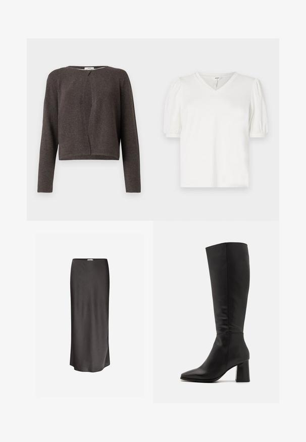 Mørkegrå strikket cardigan med lange ærmer, rund halsudskæring og en enkelt knaplukning foroven.; Hvid V-hals t-shirt lavet af glat stof, med puffærmer og en lidt løs pasform. Simpelt design uden mønstre eller accenter.; Mørkegrå midi-nederdel lavet af glat, let stof; har en lige silhuet og diskrete sideslids ved kanten.; Sort knæhøje støvler lavet af glat læder. Har spidse tæer og en kraftig, struktureret blokhæl. Minimal sydetaljer.
