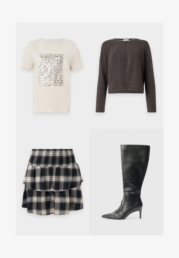 Gilet long en tricot gris foncé à manches longues avec un col rond et une fermeture à un bouton en haut.; T-shirt beige à manches courtes avec un imprimé animal en argent carré au centre. Matière en coton doux, col rond classique.; Jupe à volants à carreaux noir et blanc avec taille smockée. Avec des couches froncées et une texture douce en coton.; Bottes noires en cuir montant jusqu'au genou, avec un talon fin, un bout pointu et des détails de lanière à la cheville. Texture lisse et design ajusté.