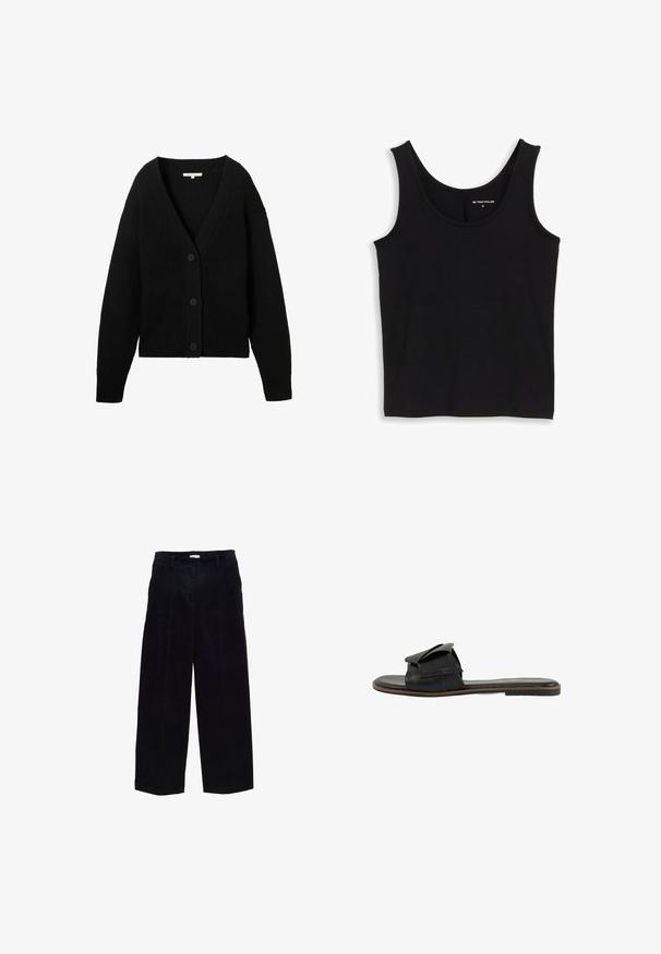 Cardigan noir en tricot à manches longues, col en V, et trois boutons sur le devant, présenté à plat sur un fond blanc.; Débardeur noir sans manches avec encolure dégagée, taille petite, et étiquette "Tom Tailor" à l'intérieur du col sur fond blanc.; Pantalons large en velours côtelé bleu marine avec une coupe droite, des plis avant et une texture subtile. Comprend des passants de ceinture et une fermeture éclair en métal.; Sandale slide en cuir noir avec une large sangle à détail plissé, design ouvert à l'avant, semelle plate et accents cousus.