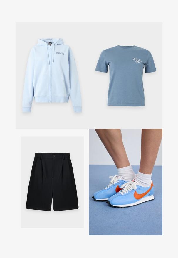 Lichtblauwe zip-up hoodie met voorzakken, trekkoord in de capuchon en "Santa Cruz" logo op de linkerkant van de borst.; Blauw T-shirt met korte mouwen en ronde hals, met een wit "Carhartt Wip" scriptlogo op de linkerborst.; Zwarte, op maat gemaakte shorts tot op de knie met riemlussen, voorplooien, knoopsluiting en een verborgen ritssluiting.; Blauwe mesh en suède sneakers met oranje accenten en witte veters. Zwarte rubberen zool. Gekocht met witte crewsokken op een blauwe ondergrond.