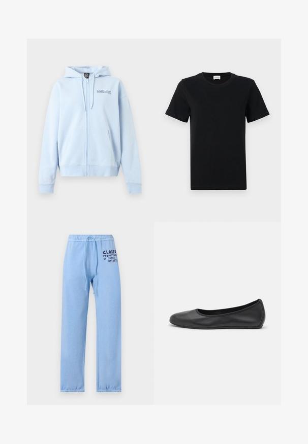 Sweat à capuche zippé bleu clair avec poches avant, capuche à cordon et logo « Santa Cruz » sur la poitrine gauche.; T-shirt noir en coton à manches courtes avec un col rond, présentant un détail de logo subtil sur le bas devant, et un ourlet droit.; Pantalon de survêtement bleu clair avec poignets et ceinture élastiques, cordon de serrage, et logo texte foncé sur la partie supérieure de la cuisse gauche.; Ballerines en cuir noir avec un bout rond, texture lisse, détails de couture minimalistes et design de semelle flexible.