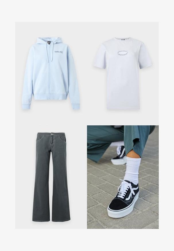 Lyseblå hættetrøje med lynlås foran, forlommer, snøretræk i hætten og "Santa Cruz"-logo på venstre bryst.; Hvid t-shirt med korte ærmer med et lille blåt motiv og teksten "Santa Cruz" centreret på brystet mod en ensfarvet baggrund.; Grå jeans med vidde, lavet af denim med en glat tekstur. Funktioner inkluderer en knaplukning, bælteløkker og forlommer.; Sorte ruskinds sneakers med hvide accenter og snørebånd, der har en tyk hvid sål og kontrasterende syninger, parret med en hvid sok.