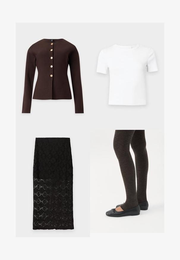 Cardigan marron foncé à manches longues avec un col rond et cinq boutons dorés texturés au centre devant.; T-shirt blanc à manches courtes en tissu côtelé, avec un col rond et une coupe ajustée, idéal pour superposer ou porter au quotidien.; Jupe crayon en dentelle noire avec motifs floraux et géométriques, partie inférieure transparente, ourlet droit, présentée à plat sur fond blanc.; Jambes portant des leggings côtelés foncés associés à des ballerines noires avec de petits détails en nœud sur fond blanc.