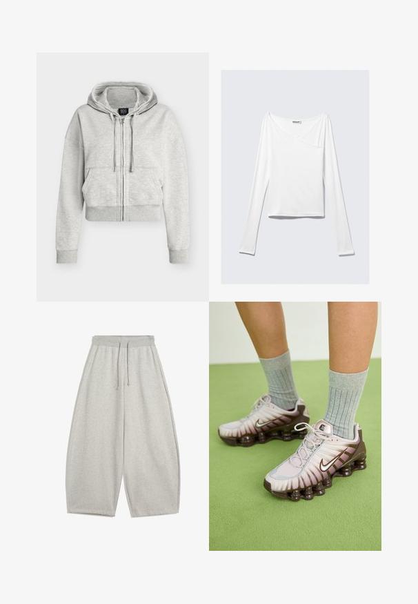 Lichtgrijze cropped zip-up hoodie met trekkoorden, voorzakken en geribbelde boorden en tailleband, weergegeven op een witte achtergrond.; Witte long-sleeve top met een crossover ontwerp en een zak. Gemaakt van een gladde, rekbare stof. Geknipt in een casual, relaxte pasvorm.; Lichtgrijze wijde sweatpants met elastische tailleband en trekkoord, voorzien van zijzakken en een ontspannen pasvorm.; Nike-sneakers in lichtroze en bruin, met een gestructureerde bovenkant, gelaagd ontwerp en een dempende buitenzool met zichtbare luchtunits.