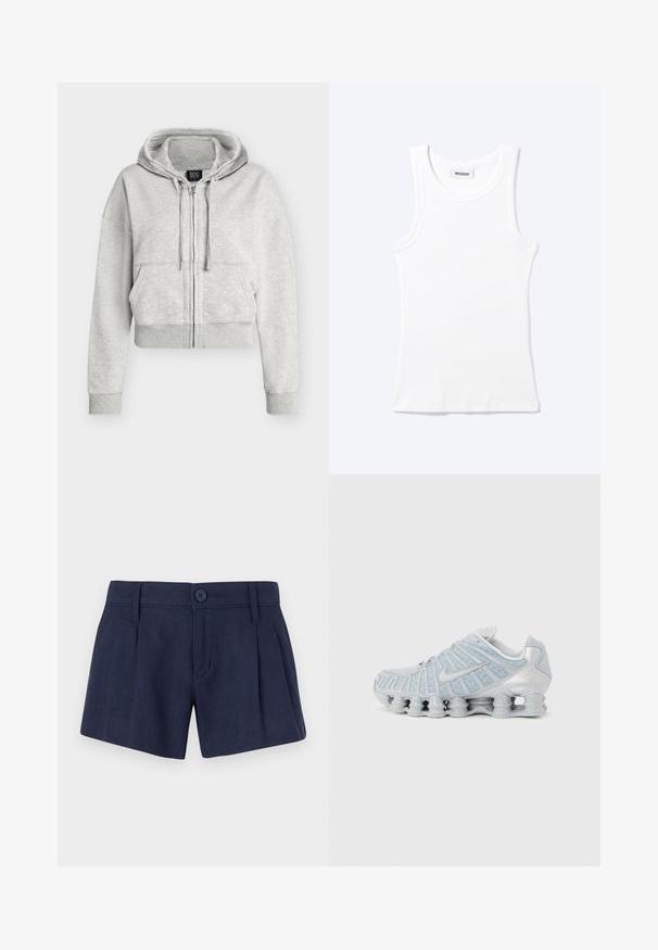 Lichtgrijze cropped zip-up hoodie met trekkoorden, voorzakken en geribbelde boorden en tailleband, weergegeven op een witte achtergrond.; Wit mouwloos geribd tanktopje met ronde hals en een klein label met daarop "WEEKDAY" aan de binnenkant van de kraag.; Navyblauwe linnen shorts met een gladde textuur, voorzien van voorplooien, een enkele knoopsluiting en standaard riemlussen.; Lichtgrijze sportschoen met een gesegmenteerde dempingszool en een bovenwerk van mesh, met een swoosh-logo aan de zijkant.