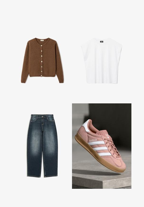 Brun, blød uldcardigan med lange ærmer, rund halsudskæring og en knaplukning foran med otte hvide knapper.; Hvid ærmeløs crop top med rund halsudskæring, brede skuldre og sort "B6"-label indvendigt i kraven.; Mørkeblå jeans med brede ben og let falmet på forsiden af lårene, fem lommer, knaplukning og bæltestropper, vist fladt på hvid baggrund.; Rosa ruskinds sneaker med hvide striber, gummisål, tekstureret overdel og logo på tungen. Klassisk low-top design.