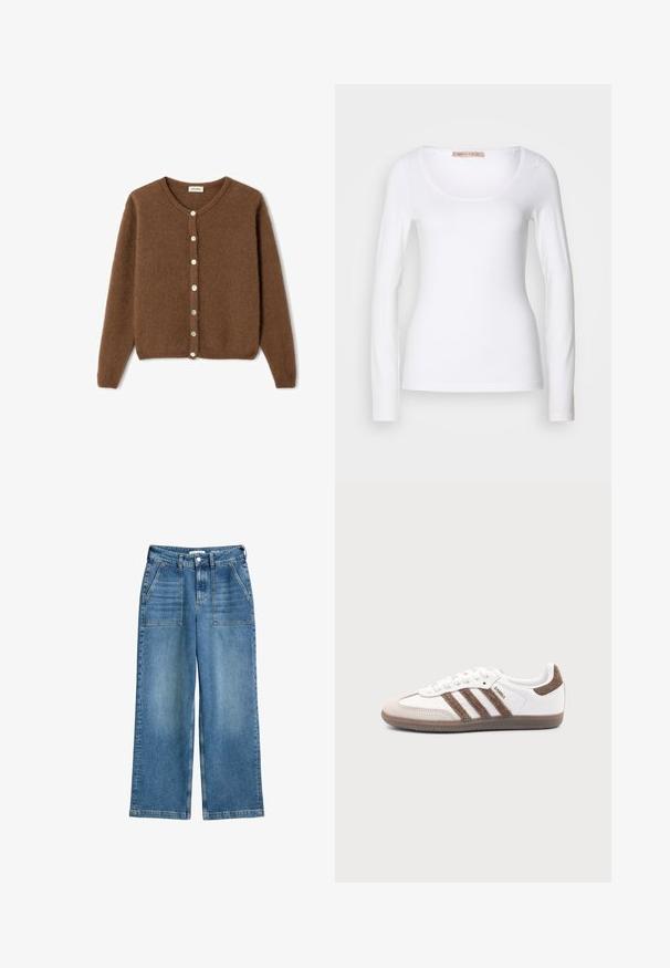 Brun, blød uldcardigan med lange ærmer, rund halsudskæring og en knaplukning foran med otte hvide knapper.; Langærmet hvid bomulds T-shirt med rund halsudskæring og tætsiddende design, med glat tekstur og uden udsmykninger.; Højhalsede, brede bukser i blå denim med frontlommer, bæltestropper og lukning med frontknap og lynlås.; Hvid Adidas Samba sneaker med brune ruskindstriber, brun gummisål og beige ruskindståhætte, vist fra ydersiden på en ensfarvet baggrund.