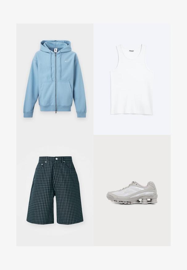 Sweat à capuche bleu clair zippé avec poches avant, capuche à cordon de serrage et petit logo Nike blanc sur la poitrine.; Débardeur blanc sans manches avec col rond et étiquette de la marque Weekday à l'intérieur du col arrière, présenté à plat sur un fond clair.; Shorts à carreaux en bleu marine foncé avec un motif en grille blanche. Fabriqués en tissu tissé, dotés d'une taille mi-haute et de poches avant.; Baskets de sport grises et blanches avec semelle à coussin d'air visible et panneaux en mesh, présentées de profil sur un fond clair uni.