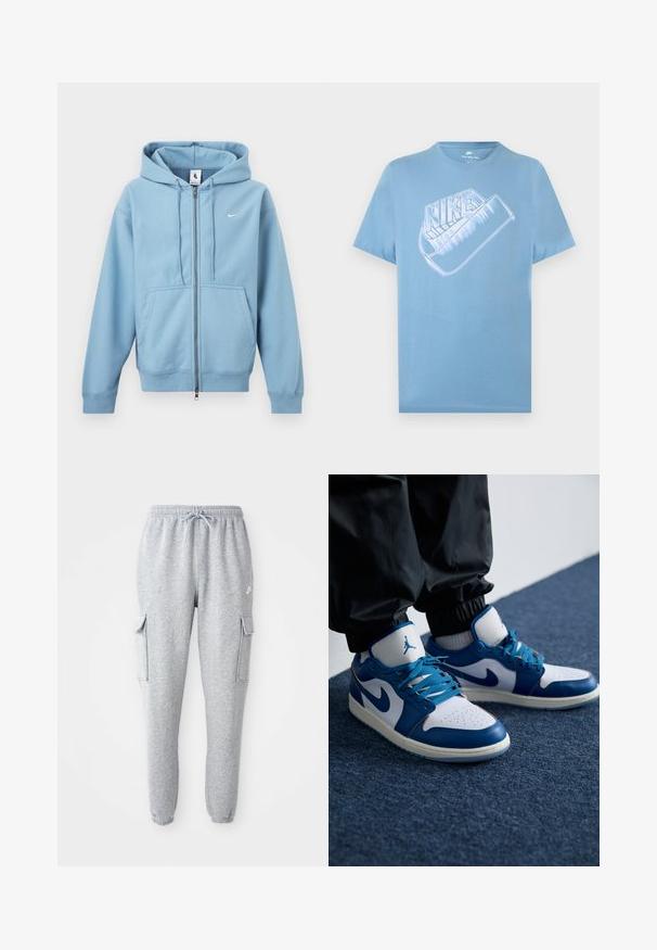 Sweat à capuche bleu clair zippé avec poches avant, capuche à cordon de serrage et petit logo Nike blanc sur la poitrine.; T-shirt Nike bleu clair à manches courtes avec un grand logo Nike blanc stylisé et un graphique swoosh sur la poitrine.; Pantalons de survêtement gris en tissu doux, avec une taille élastique à cordon de serrage, deux poches cargo sur les côtés et des poignets ajustés.; Les baskets Nike Air Jordan présentent une base en cuir blanc avec des accents en synthétique bleu, une boîte à orteils perforée et des lacets bleus.