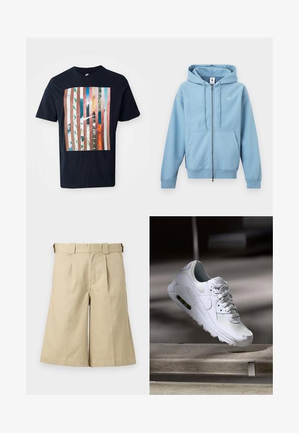 Sudadera con capucha azul claro y cremallera completa, con bolsillos frontales, capucha con cordón y pequeño logo blanco de Nike en el pecho.; Camiseta navy con un diseño gráfico que presenta rayas verticales en varios tonos, incorporando imágenes urbanas y un logo de Nike.; Pantalones cortos beige hasta la rodilla con pliegues en la parte delantera, trabillas para cinturón, bolsillos laterales y un diseño limpio y a medida.; Zapatilla Nike Air Max 90 blanca con parte superior de malla y cuero, caja de puntera perforada y unidad de aire visible en el talón.