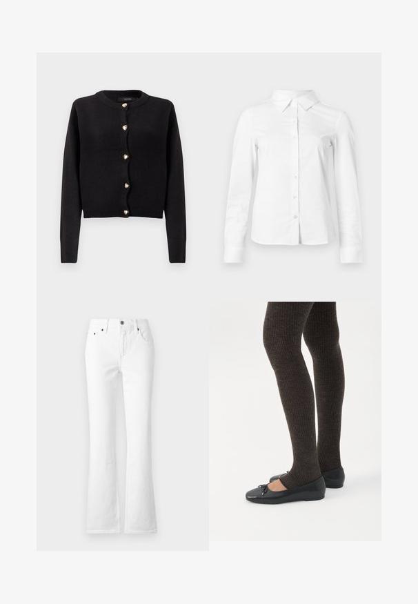 Cardigan noir en maille avec manches longues, encolure arrondie et boutons dorés en forme de cœur sur le devant. Texture douce, coupe courte.; Chemise blanche à manches longues avec boutons, col pointu, ourlet droit et silhouette ajustée, présentée sur un fond clair uni.; Jean en denim blanc évasé avec une taille haute, cinq poches et une fermeture à bouton. Le tissu a une texture lisse avec des coutures visibles.; Jambes portant des leggings côtelés foncés associés à des ballerines noires avec de petits détails en nœud sur fond blanc.