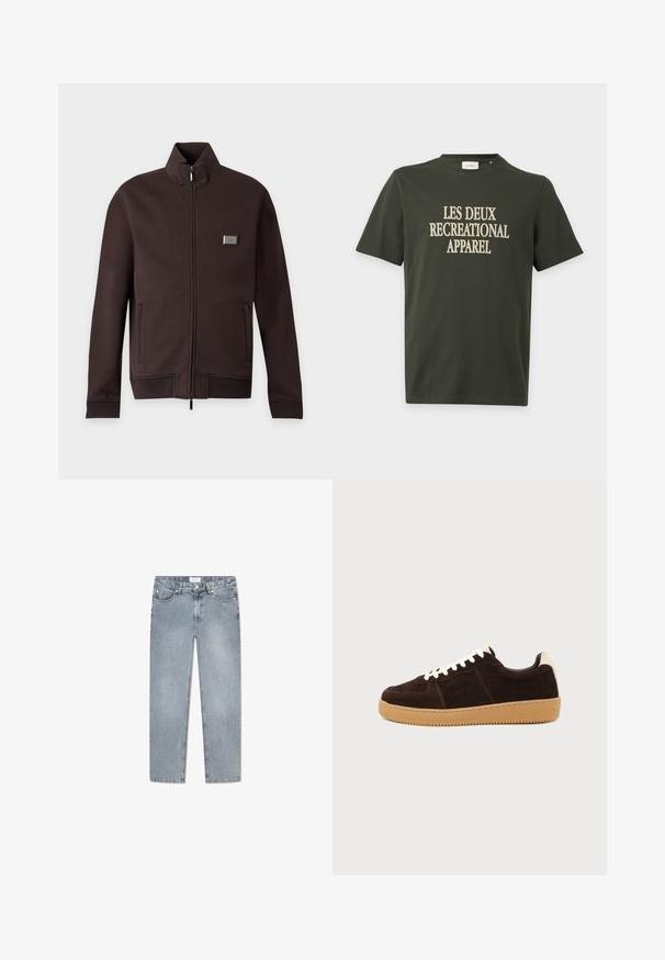 Dunkelbraune Jacke mit Reißverschluss, Stehkragen, zwei Seitentaschen, gerippten Bündchen und Saum sowie kleinem rechteckigem Logopatch auf der Brust.; Dunkelgrünes T-Shirt mit kurzen Ärmeln und beigem Text "LES DEUX RECREATIONAL APPAREL" zentriert auf der Vorderseite.; Hellblaue Jeans aus Denim mit geradem Schnitt, Fünf-Taschen-Design, Knopfverschluss, dezentem Verblassen und gestickten Details entlang der Taschen.; Dunkelbrauner Wildleder-Sneaker mit weißen Schnürsenkeln, beigem Fersenlaschen und hellbrauner Gummisohle, von der Seite auf einfarbigem Hintergrund betrachtet.