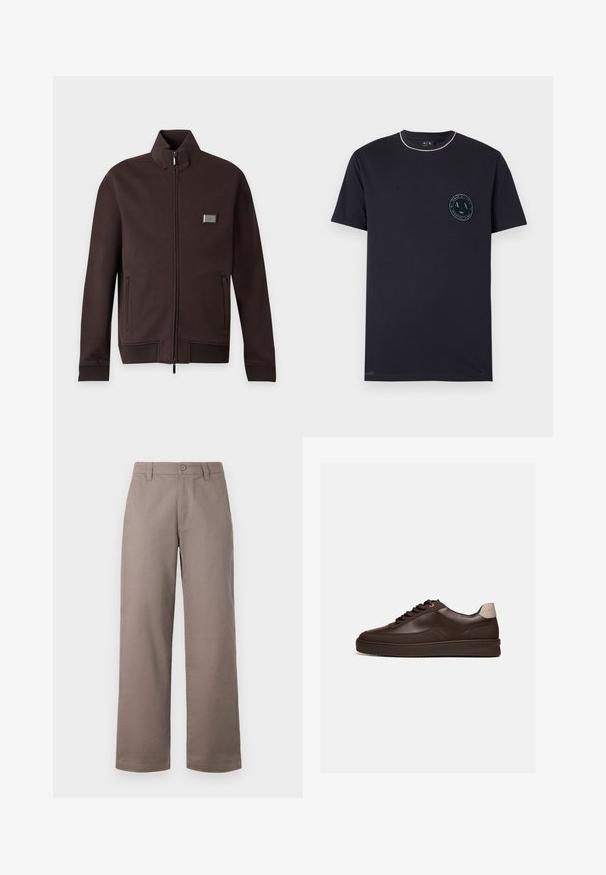 Veste marron foncé zippée avec col montant, deux poches latérales, poignets et ourlet côtelés, et petit patch logo rectangulaire sur la poitrine.; T-shirt noir manches courtes à col rond avec petit écusson rond du logo Armani Exchange sur la poitrine gauche et bordure blanche au niveau du col.; Pantalons large de couleur marron clair avec une finition lisse ; dotés d'une fermeture à bouton à l'avant et de poches latérales. Fabriqués en tissu léger.; Baskets en cuir marron foncé à profil bas avec une semelle rainurée et une languette beige clair au talon, vues de côté sur fond blanc.