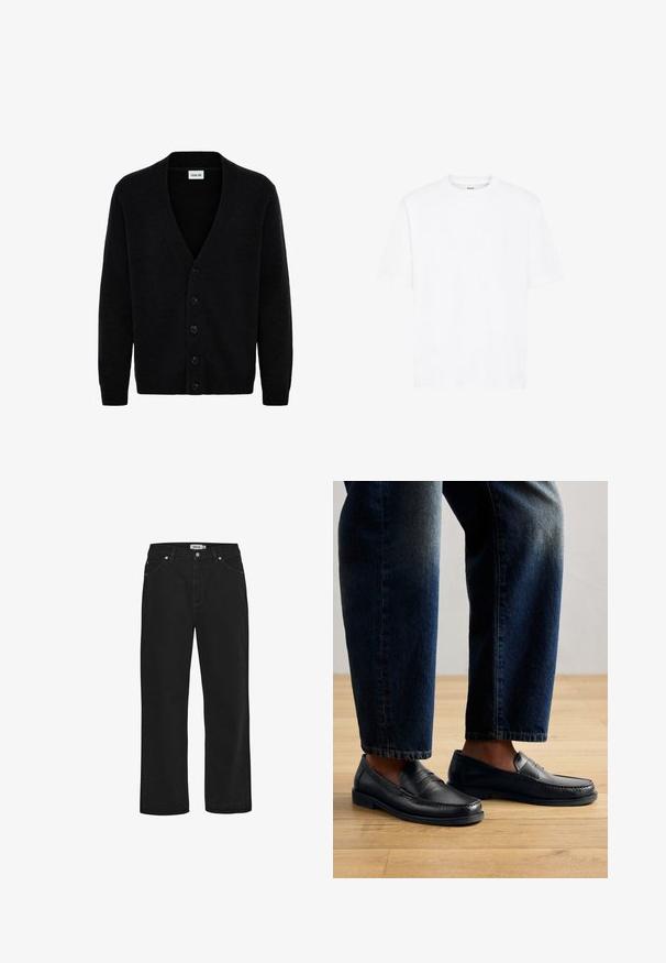 Zwarte cardigan van een zachte breimateriaal, met een V-hals en zes knopen aan de voorkant. De lange mouwen hebben geribbelde manchetten.; Witte korte mouw t-shirt van katoen. Heeft een ronde hals, een ontspannen pasvorm en geen zichtbare patronen of accenten. Eenvoudig en neutraal ontwerp.; Zwarte denim jeans met een rechte pasvorm, vijf-pocket ontwerp, koperen hardware accenten en een stevige tailleband. Gladde textuur, onopgesmukt stijl.; Zwarte leren instappers met gestikte details en textuurelementen, gedragen met donkerdenim, die een casual en gestroomlijnd ontwerp tonen.