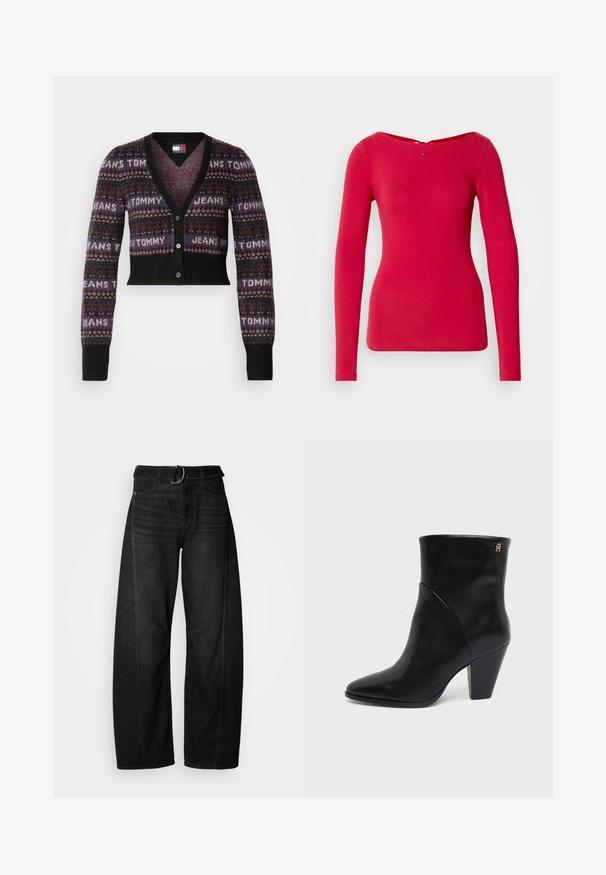 Cropped-Cardigan in dunklen Farbtönen mit einem gemusterten Design, das "TOMMY JEANS" in hellem Schriftzug zeigt. V-Ausschnitt, lange Ärmel und Knopfschluss.; Rotes Langarmoberteil mit weitem Ausschnitt und figurbetontem Design. Hergestellt aus weichem Stoff mit glatter Textur. Verfügt über einen Schlüssellochverschluss auf der Rückseite.; Schwarze, weit geschnittene Jeans aus Denim mit einem Gürtelbund und lässigen Taschen. Besitzt einen rohen Saum und minimalistische Nähte.; Schwarzer Lederknöchelstiefel mit spitz zulaufender Zehenpartie, Blockabsatz und kleinem goldenen Logo nahe der oberen Kante an der Außenseite.