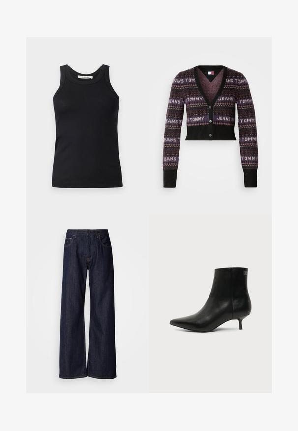 Cropped-Cardigan in dunklen Farbtönen mit einem gemusterten Design, das "TOMMY JEANS" in hellem Schriftzug zeigt. V-Ausschnitt, lange Ärmel und Knopfschluss.; Schwarzes, geripptes Tanktop mit Rundhalsausschnitt und breiten Trägern, aus weichem Stoff gefertigt. Keine sichtbaren Muster oder Beschläge.; Weite dunkelblaue Jeans mit hoher Taille, vorderen Taschen und subtilen Nähdetails. Glatte Textur mit klassischem Schnitt.; Schwarzer Leder-Knöchel-Stiefel mit spitzer Spitze und niedrigem Kittenabsatz vor hellem Hintergrund, seitliche Ansicht.