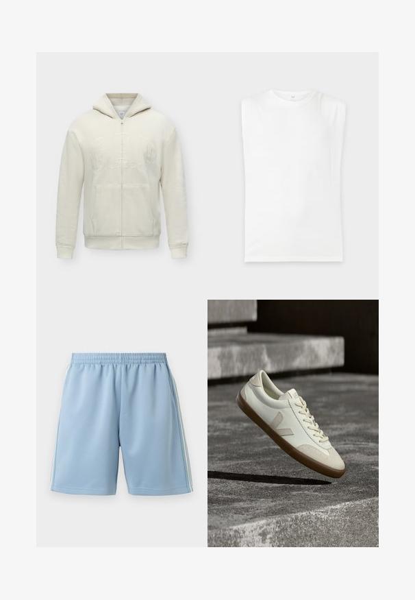 Sweat à capuche crème zippé avec capuche, poches avant et logo GAP embossé sur la poitrine.; T-shirt blanc uni sans manches avec épaules rembourrées et col rond, présenté sur un fond gris clair.; Shorts de sport bleu clair avec taille élastique et bandes blanches sur les côtés, présentés sur un fond blanc uni.; Baskets en cuir blanc avec semelle en caoutchouc beige, lacets plats et accent en forme de V sur le côté. Présentent une surface lisse et peu de détails de couture.