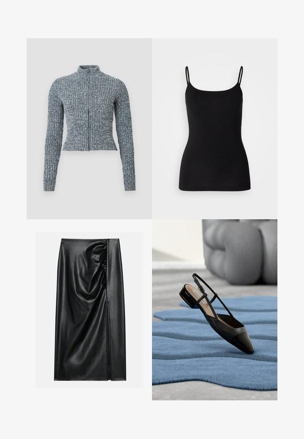 Blauer, gerippter Reißverschluss-Pullover mit hohem Kragen und figurbetonter Silhouette. Hergestellt aus strukturiertem Strickstoff; lange Ärmel enden mit enganliegenden Bündchen.; Schwarze Spaghetti-Top mit dünnen verstellbaren Trägern, glattem Stretchstoff und figurbetonter Silhouette. Keine Muster oder Verzierungen.; Schwarzer Lederrock mit glatter Textur, der auf einer Seite einen gerafften Abschnitt und einen seitlichen Schlitz für zusätzlichen Detailreichtum aufweist.; Schwarzer Slingback-Schuh aus Lackleder mit niedrigem Blockabsatz, der auf einem strukturierten blauen wellenförmigen Teppich und grauen gepolsterten Möbeln ruht.