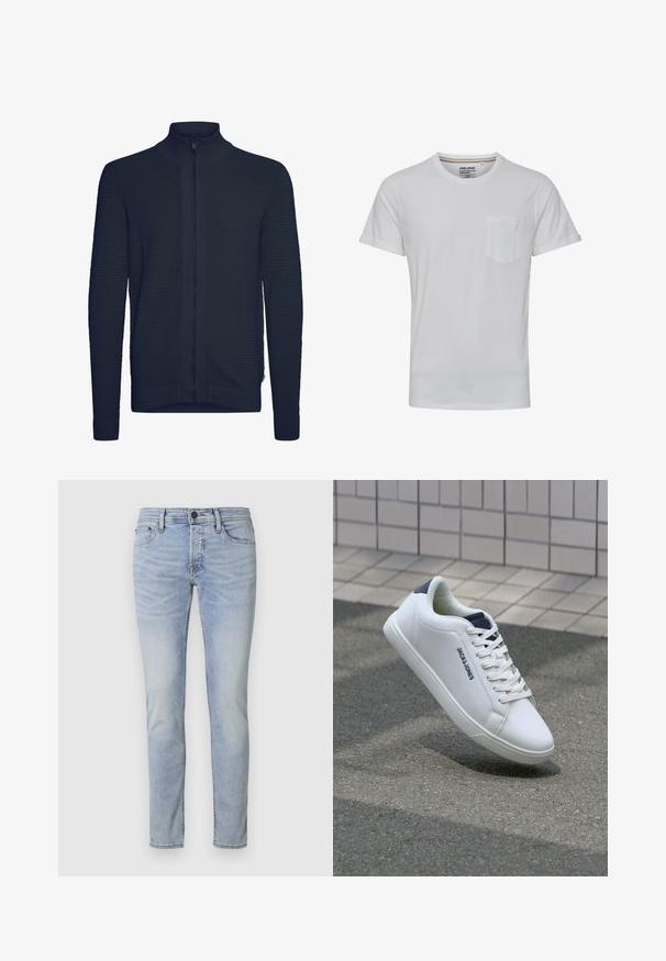 Marineblaues Zip-Pullover mit geripptem Material, hohem Kragen und eng anliegenden Bündchen. Verfügt über einen zentralen Reißverschluss und ein sauberes, minimalistisches Design.; Weißes Kurzarm-T-Shirt mit rundem Halsausschnitt und einer Brusttasche. Aus einem weichen Stoff gefertigt, mit umgeschlagenen Ärmeln und einem lockeren Schnitt.; Hellblaue Jeans im Slim-Fit-Stil mit einem Fünf-Taschen-Design und einem Reißverschluss. Sie weisen subtile Ausbleichungen und gestickte Details an den Nähten auf.; Weißes Leder Sneaker mit niedrigem Schnitt, strukturiertem Obermaterial, einem navyblauen Heel-Akzent und einer flachen Gummisohle mit einem Profilmuster.