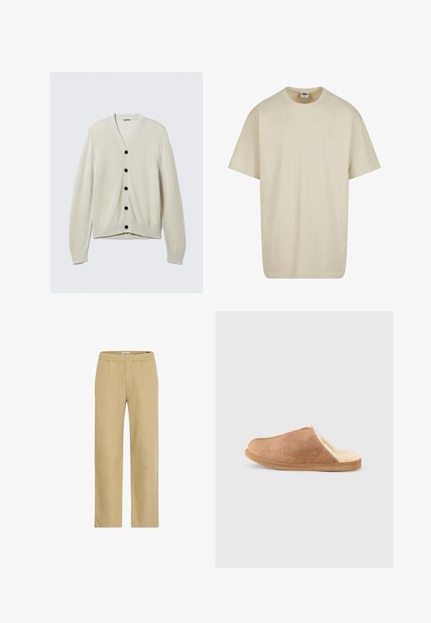 Cardigan beige clair en tissu maille doux, avec un col en V, des boutons noirs et des manches longues avec des poignets et un ourlet côtelés.; T-shirt en coton beige clair à manches courtes, col rond et coupe décontractée. Le tissu semble lisse, sans motifs ni accents visibles.; Pantalon beige léger avec une ceinture élastique, coupe droite, texture lisse, doté de poches latérales et d'une coupe décontractée.; Chausson en daim marron à enfiler avec une doublure douce en polaire couleur crème et une semelle en caoutchouc, présenté de profil sur un fond blanc.