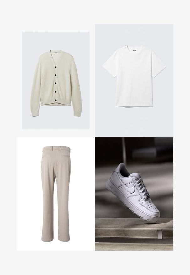 Cárdigan beige claro confeccionado en tejido de punto suave, con escote en v, botones negros y mangas largas con puños y bajo acanalados.; Camiseta blanca de manga corta con cuello redondo, colocada plana, diseño liso, con etiqueta "WEEKDAY" en el interior del cuello sobre un fondo claro.; Pantalones beige de corte recto mostrados por detrás, con trabillas para cinturón y dos bolsillos de vivo en la cintura.; Zapatilla Nike Air Force 1 de cuero blanco que presenta una puntera perforada, cordones planos y una suela de goma texturizada con la marca "AIR" en el lateral.