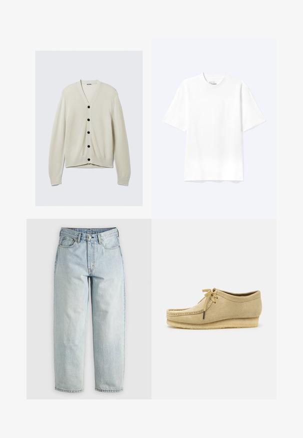 Hellbeige Strickjacke aus weichem Strickstoff, mit V-Ausschnitt, schwarzen Knöpfen und langen Ärmeln mit gerippten Bündchen und Saum.; Schlichtes weißes T-Shirt mit kurzen Ärmeln und Rundhalsausschnitt in entspannter Passform, auf hellem Hintergrund dargestellt.; Hellblaue Jeans aus Denim mit geradem Bein, fünf Taschen und einem Knopfverschluss; mit verblassten Bereichen und dezenten Nähdetails.; Beige Wildlederschuh mit Schnürdesign, gestickten Details und Gummisohle. Die Form ist lässig mit einem leichten Keilabsatz.