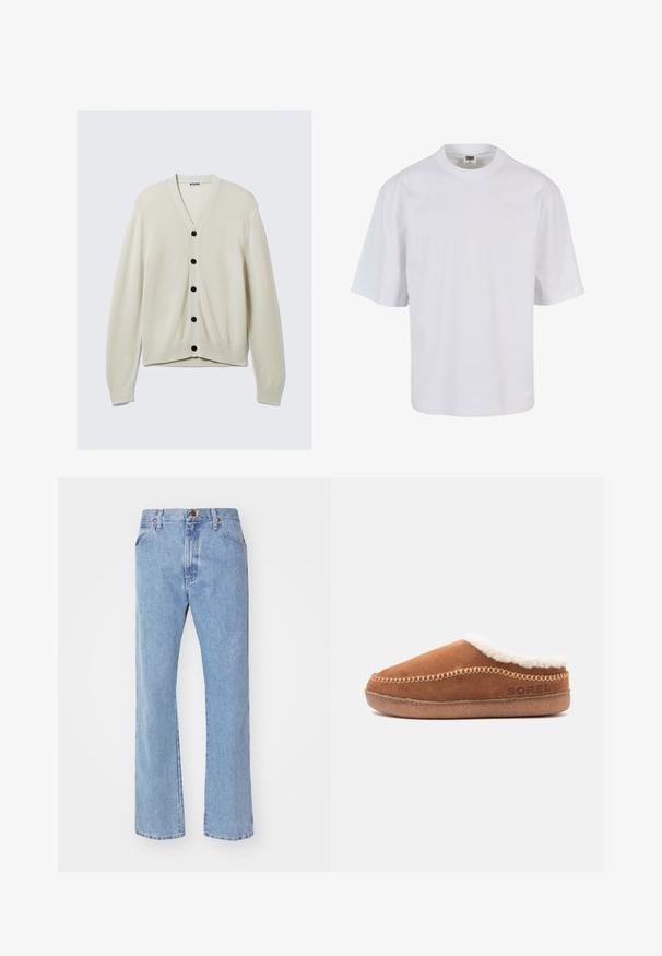 Hellbeige Strickjacke aus weichem Strickstoff, mit V-Ausschnitt, schwarzen Knöpfen und langen Ärmeln mit gerippten Bündchen und Saum.; Weißes T-Shirt mit kurzen Ärmeln aus Baumwolle. Verfügt über einen Rundhalsausschnitt und einen lockeren Schnitt mit glatter Oberfläche sowie ohne sichtbare Muster oder Grafiken.; Hellblaue Jeans mit geradem Bein, Frontknopf- und Reißverschluss, Gürtelschlaufen und normalen Vordertaschen.; Brauner Wildleder-Hausschuh zum Hineinschlüpfen mit weißem Fleece-Futter und Nahtdetails, mit dem Sorel-Logo an der Seite.
