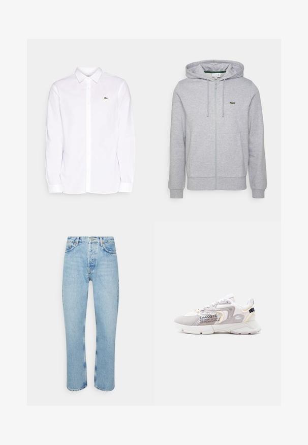 Lichtgrijze zip-up hoodie gemaakt van zacht materiaal. Beschikt over een kangoeroezak en een klein groen Lacoste-logo op de linkerkant van de borst. Verstelbare capuchon.; Witte lange mouwen shirt van katoen, met een button-down kraag, een groen geborduurd logo op de linkerkant van de borst en rechte mouwen.; Lichtblauwe denim jeans met een rechte snit, hoge taille, vijf-pocket ontwerp en zichtbare stikseldetails op de naden en zomen.; Witte en lichtgrijze Lacoste sneaker met mesh panelen, suède accenten, dikke zool en geprinte coördinatendetails aan de zijkant.