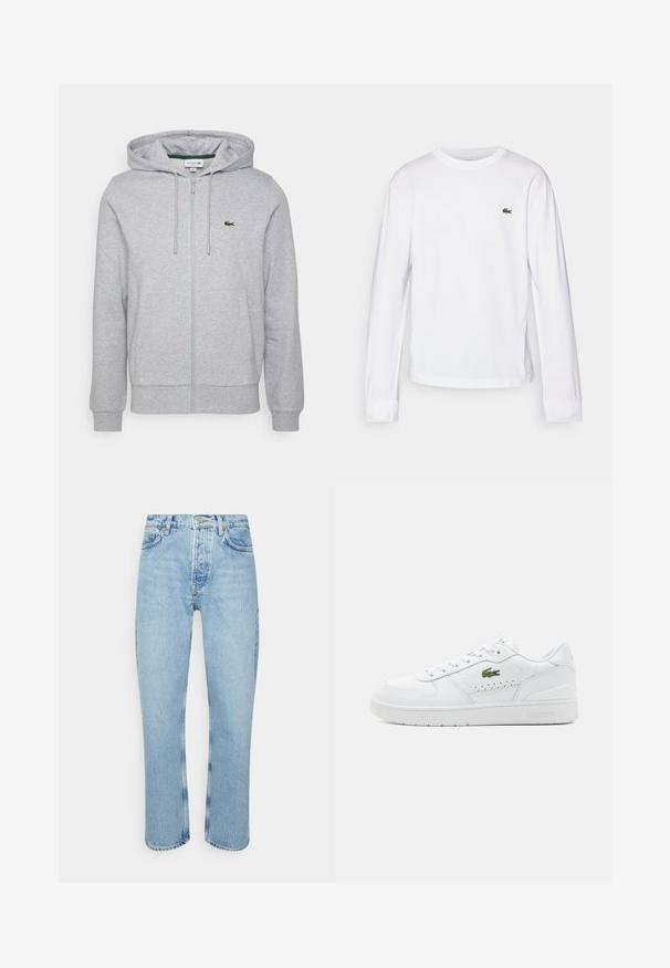 Svetlo šedá mikina na zips vyrobená z jemného materiálu. Obsahuje klokanu kapsu a malé zelené logo Lacoste na ľavej hrudi. Nastaviteľná kapucňa.; Biely dlhý rukáv tričko vyrobené z bavlny. Má rebrovaný okrúhly golier a malé zelené vyšívané logo na hrudi. Jednoduchý dizajn.; Svetlomodré denimové nohavice so rovnými nohavicami, vysokým pásom, dizajnom s piatimi vreckami a viditeľnými stehovými detailmi na švoch a lemoch.; Biele kožené tenisky s perforovanými detailmi, plochými šnúrkami a malým zeleným logom na bokoch. Gumová podrážka a polstrovaný golier pre pohodlie.