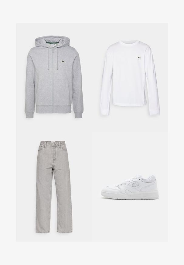 Svetlo šedá mikina na zips vyrobená z jemného materiálu. Obsahuje klokanu kapsu a malé zelené logo Lacoste na ľavej hrudi. Nastaviteľná kapucňa.; Biely dlhý rukáv tričko vyrobené z bavlny. Má rebrovaný okrúhly golier a malé zelené vyšívané logo na hrudi. Jednoduchý dizajn.; Svetlošedé vysoké riflové nohavice s uvoľneným strihom, obsahujúce päť vreciek a jemnú textúru. Priame nohavice a minimalisticé detaily.; Biele športové tenisky s hladkým koženým zvrškom, sieťovými akcentmi, šnurovaním a štruktúrovanou gumovou podrážkou. Logo Lacoste na boku.