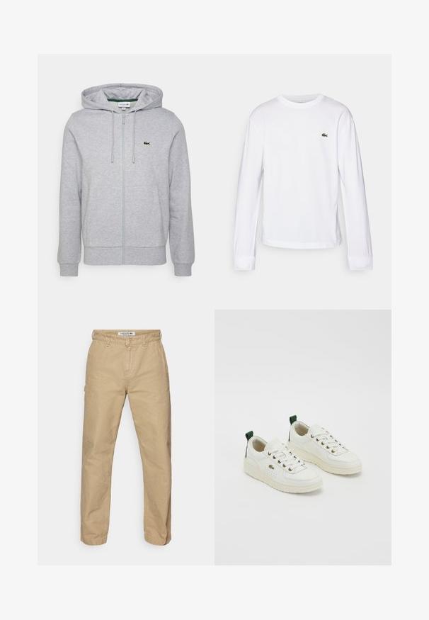 Svetlo šedá mikina na zips vyrobená z jemného materiálu. Obsahuje klokanu kapsu a malé zelené logo Lacoste na ľavej hrudi. Nastaviteľná kapucňa.; Biely dlhý rukáv tričko vyrobené z bavlny. Má rebrovaný okrúhly golier a malé zelené vyšívané logo na hrudi. Jednoduchý dizajn.; Béžové, ľahké bavlnené nohavice s rovnými nohavicami, s gombíkovým zapínaním a jemnou textúrou. Logo Lacoste na páse.; Biele kožené tenisky so zelenými akcentmi, dizajn na šnurovanie, zlaté očká a textúrované panely. Hrubá krémová gumová podrážka.
