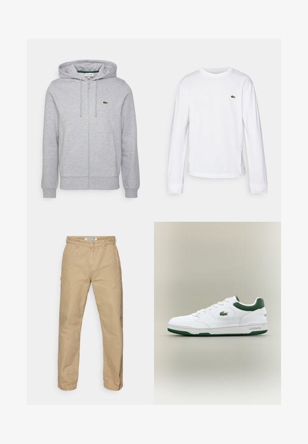 Hele halli tõmblukuga kapuutsiga jope, mis on valmistatud pehmest kangast. Omab känguru taskut ja väikest rohelist Lacoste logo vasakul rinnal. Reguleeritav kapuuts.; Valge pika varrukaga T-särk, mis on valmistatud puuvillast. Omab soonikku ümarat kaelust ja väikest rohelist tikandiga logo rinna peal. Lihtne disain.; Beežid, kerged puuvillased püksid sirge sääre kujundusega, millel on nööbilukuga kinnitamine ja kerge tekstuur. Lacoste logo vöökohal.; Valged tenniskind roheliste aktsentidega, sile nahast ülemine osa, ümmargune nina, perforatsioonid vampi peal ja diskreetne bränding küljel ja taga.