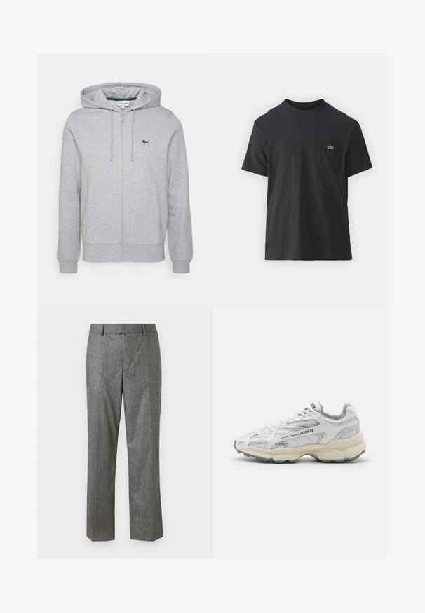 Lys grå zip-up hoodie lavet af blødt stof. Har en kengurulomme og et lille grønt Lacoste-logo på venstre bryst. Justerbar hætte.; Sort bomulds t-shirt med korte ærmer, rund halsudskæring og et lille grønt logo på venstre brystlomme. Enkel design, normal pasform.; Grå skræddersyede bukser i et tekstureret stof, lige ben design, med forlommer og en flad talje. Ingen synlige lukninger.; Hvide sportssko med grå detaljer, overdel i mesh og syntetiske materialer, snørebåndsdesign og tekstureret gummisål med grebemønstre.