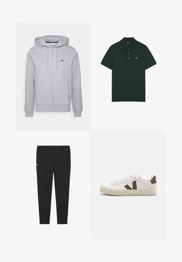 Hellgraue Zip-Hoodie aus weichem Stoff. Mit einer Kängurutasche und einem kleinen grünen Lacoste-Logo auf der linken Brust. Verstellbare Kapuze.; Dunkelgrünes Poloshirt aus Baumwolle mit einer zweiknöpfigen Knopfleiste und einem kleinen gelben Adler-Logo auf der linken Brust.; Schwarze, gerade geschnittene Hose mit Gürtelschlaufen und Seitentaschen, versehen mit einem kleinen grünen und weißen Krokodil-Logo am linken Oberschenkel.; Weiße Leder-Sneaker mit einer hellbeigen Gummisohle. Mit braunem Wildleder-V-Logo und Fersenlasche. Schnürverschluss mit texturierter Oberfläche.