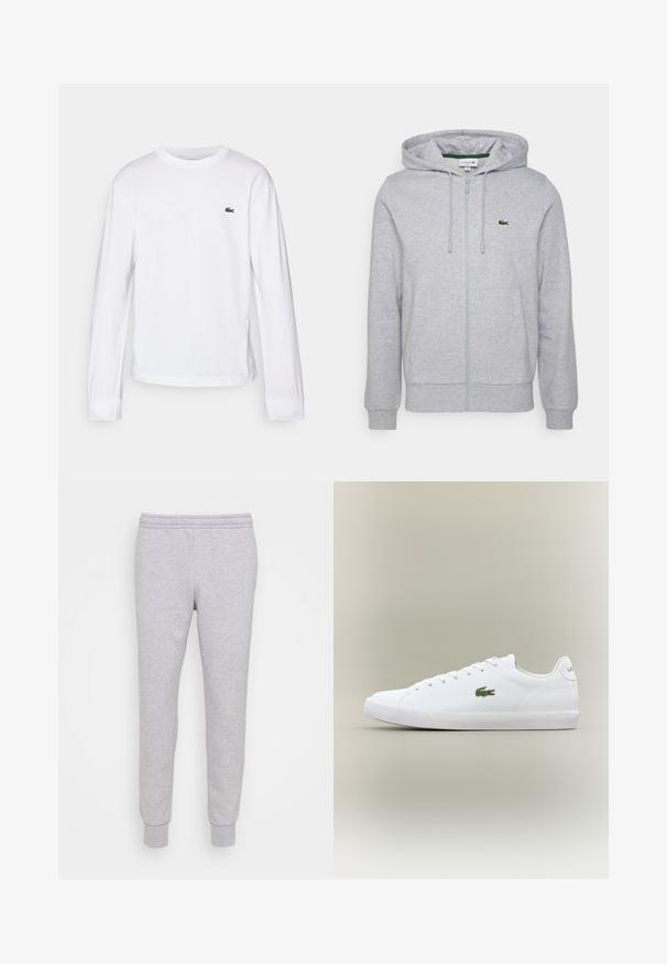 Svetlo šedá mikina na zips vyrobená z jemného materiálu. Obsahuje klokanu kapsu a malé zelené logo Lacoste na ľavej hrudi. Nastaviteľná kapucňa.; Biely dlhý rukáv tričko vyrobené z bavlny. Má rebrovaný okrúhly golier a malé zelené vyšívané logo na hrudi. Jednoduchý dizajn.; Šedé bavlnené tepláky s elastickým pásom a rebrovanými manžetami, s hladkým povrchom a jednoduchým dizajnom. Žiadne viditeľné vzory ani akcenty.; Biele kožené tenisky s textúrovanou gumovou podrážkou, na strane s zeleným vyšívaným logom krokodíla a minimálnym brandingom.
