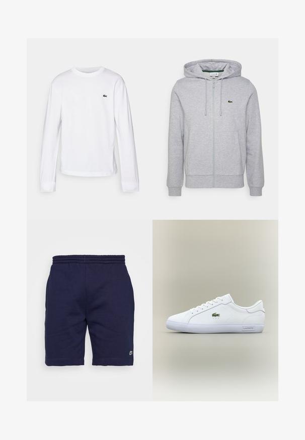 Svetlo šedá mikina na zips vyrobená z jemného materiálu. Obsahuje klokanu kapsu a malé zelené logo Lacoste na ľavej hrudi. Nastaviteľná kapucňa.; Biely dlhý rukáv tričko vyrobené z bavlny. Má rebrovaný okrúhly golier a malé zelené vyšívané logo na hrudi. Jednoduchý dizajn.; Námornícke modré bavlnené šortky s elastickým pásom, zdobené malým zeleným logom na dolnej ľavej nohe a hladkou textúrou.; Biele kožené tenisky s minimalistickým dizajnom, s zeleným vyšívaným logom, perforovanými detailmi a bielou gumovou podrážkou.