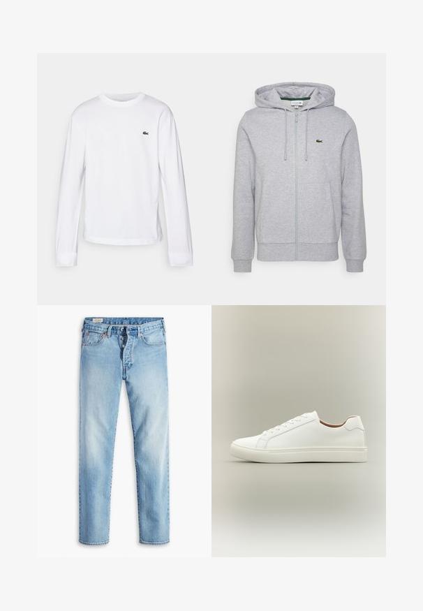 Sweat à zip gris clair en tissu doux. Il dispose d'une poche kangourou et d'un petit logo vert Lacoste sur la poitrine gauche. Capuche ajustable.; T-shirt blanc à manches longues en coton. Doté d'un col rond côtelé et d'un petit logo vert brodé sur la poitrine. Design simple.; Jean en denim bleu clair avec une coupe droite, doté de cinq poches, de passants pour ceinture et d'une fermeture à boutons.; Baskets blanches basses avec fermeture à lacets et semelle plate, vues de côté sur un fond neutre.