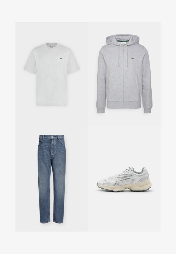 Svetlo šedá mikina na zips vyrobená z jemného materiálu. Obsahuje klokanu kapsu a malé zelené logo Lacoste na ľavej hrudi. Nastaviteľná kapucňa.; Svetlošedé tričko s krátkym rukávom a okrúhlym výstrihom s malým zeleným logom krokodíla Lacoste na ľavej strane hrudníka.; Modré riflové nohavice s rovnými nohavicami, vysokým pásom, zapínaním na gombíky vpredu a dizajnom s piatimi vreckami na jednoduchom svetlom pozadí.; Biele športové topánky s šedými akcentmi, sieťovinovou a syntetickou vrchnou časťou, viazanie na šnúrky a texturovanou gumovou podrážkou s protišmykovými vzormi.