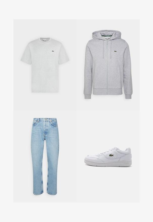 Svetlo šedá mikina na zips vyrobená z jemného materiálu. Obsahuje klokanu kapsu a malé zelené logo Lacoste na ľavej hrudi. Nastaviteľná kapucňa.; Svetlošedé tričko s krátkym rukávom a okrúhlym výstrihom s malým zeleným logom krokodíla Lacoste na ľavej strane hrudníka.; Svetlomodré denimové nohavice so rovnými nohavicami, vysokým pásom, dizajnom s piatimi vreckami a viditeľnými stehovými detailmi na švoch a lemoch.; Biele kožené tenisky s perforovanou špičkou a zeleným krokodílím logom na vonkajšej strane. Obsahujú plochú podrážku a dizajn na šnurovanie.